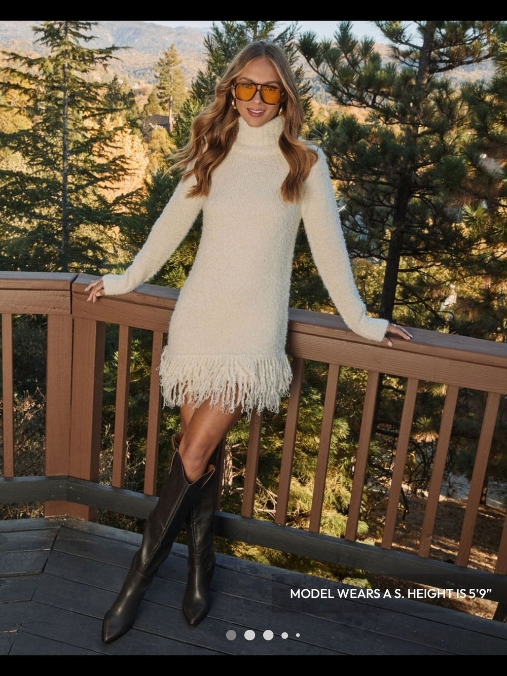 Vici Cream Fringe Turtleneck Mini Dress